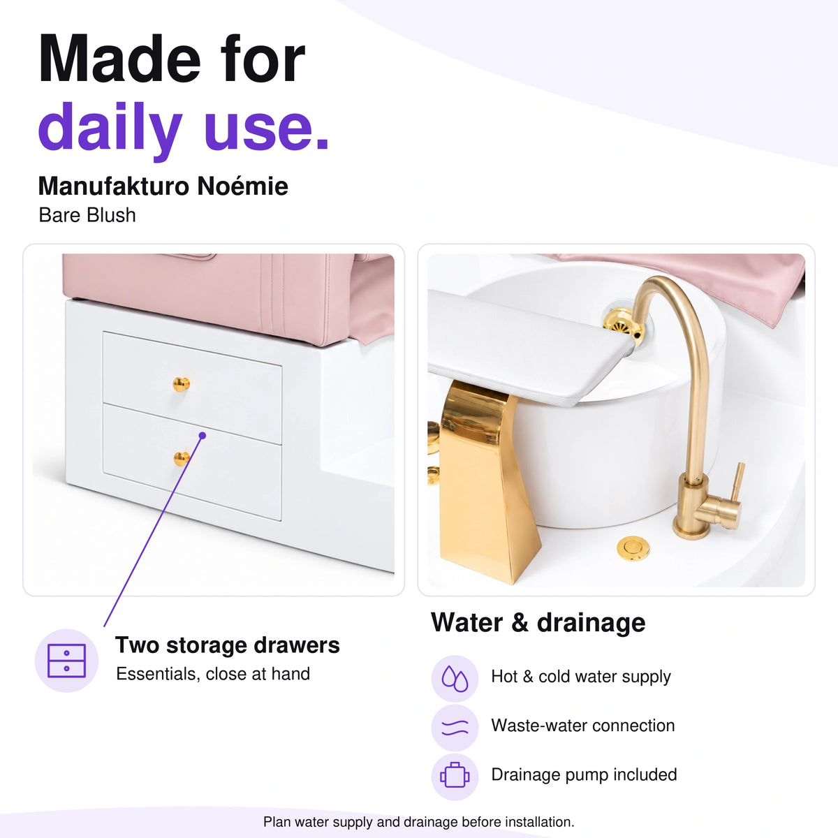 Manufakturo Noémie Bare Blush electric pedicure chair – two storage drawers, gold tap and empty basin; hot and cold water supply, waste-water connection and included drainage pump