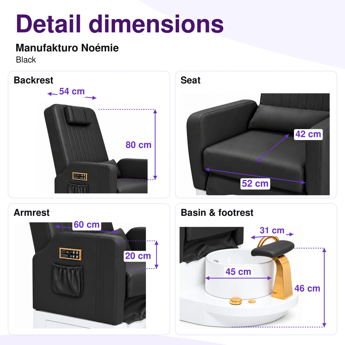 Manufakturo Noémie Black electric pedicure chair – backrest, seat, armrest, basin and smooth footrest measurements, with correct exterior control placement