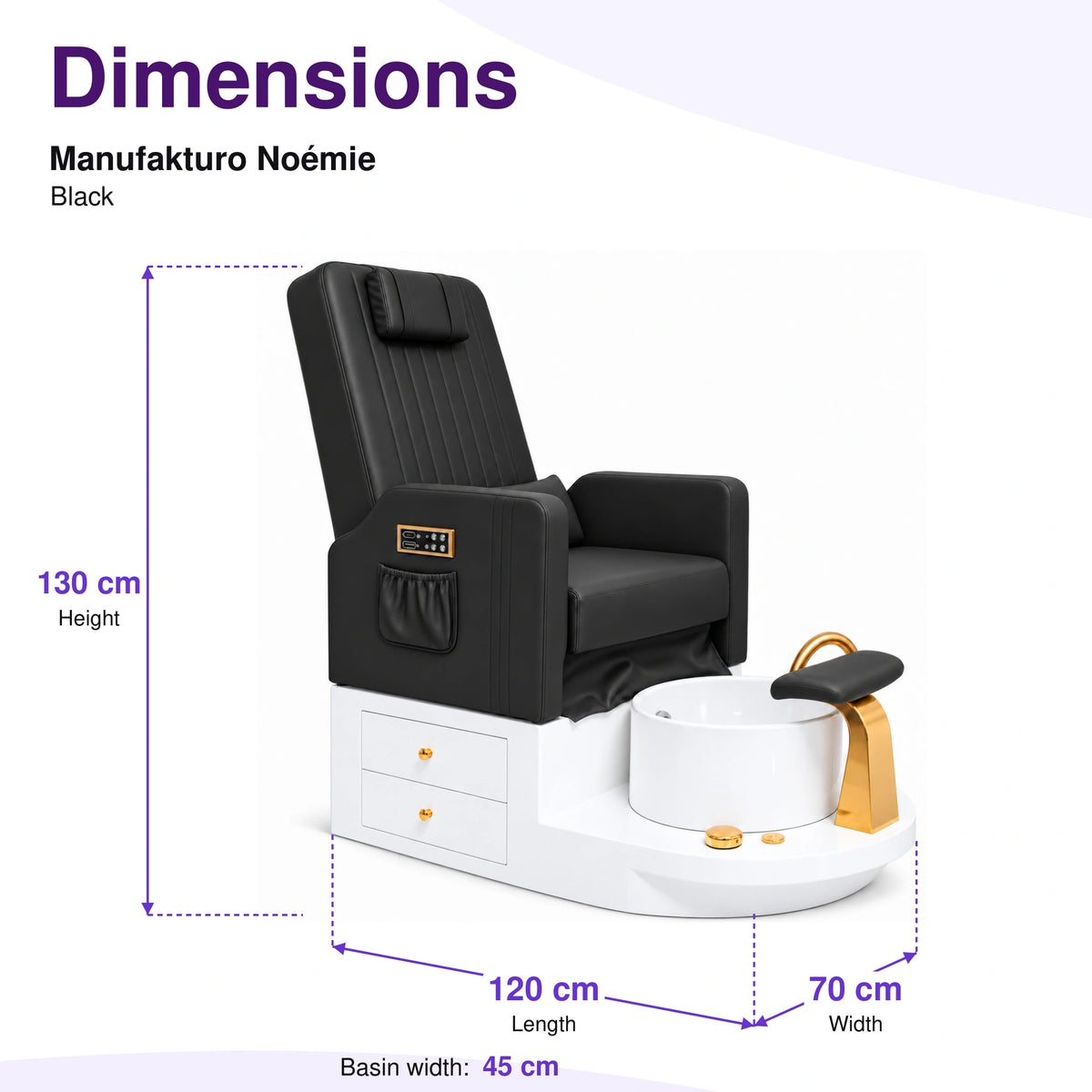 Manufakturo Noémie Black electric pedicure chair – overall dimensions: 120 cm length, 70 cm width and 130 cm height; 45 cm basin width