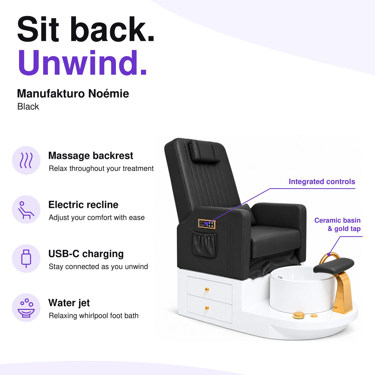 Manufakturo Noémie Black electric pedicure chair – massage backrest, electric recline, USB-C charging and water jet; exterior armrest controls and empty ceramic basin