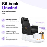 Manufakturo Noémie Black electric pedicure chair – massage backrest, electric recline, USB-C charging and water jet; exterior armrest controls and empty ceramic basin