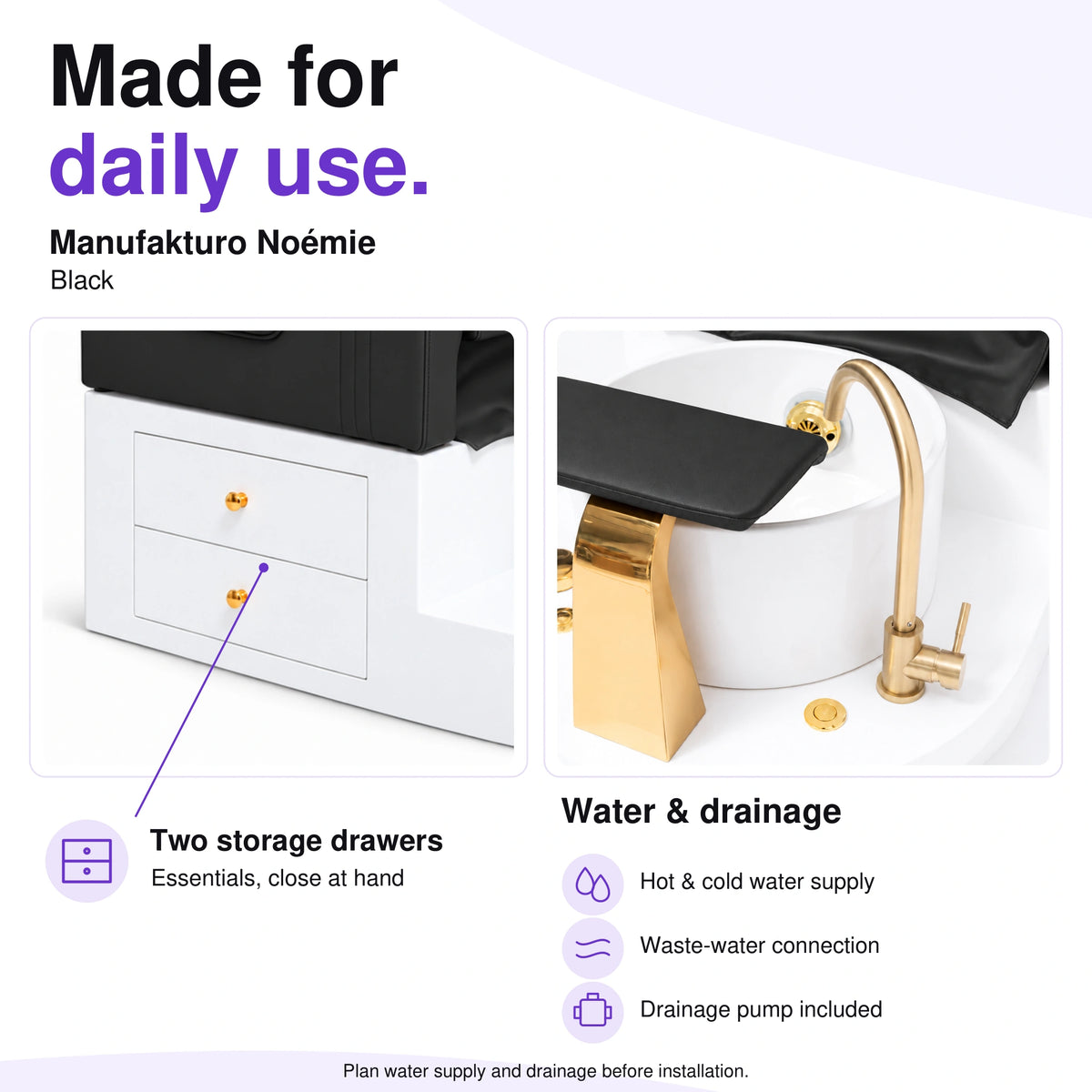 Manufakturo Noémie Black electric pedicure chair – two storage drawers, gold tap and empty basin; hot and cold water supply, waste-water connection and included drainage pump