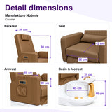 Manufakturo Noémie Caramel electric pedicure chair – backrest, seat, armrest, basin and smooth footrest measurements, with correct exterior control placement