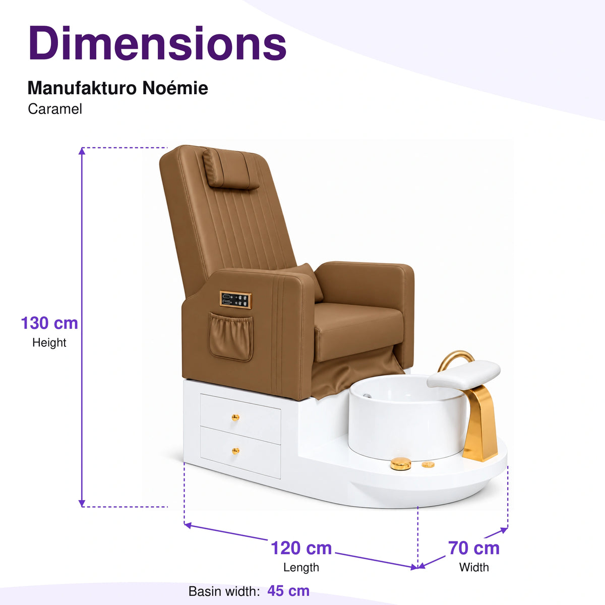 Manufakturo Noémie Caramel electric pedicure chair – overall dimensions: 120 cm length, 70 cm width and 130 cm height; 45 cm basin width