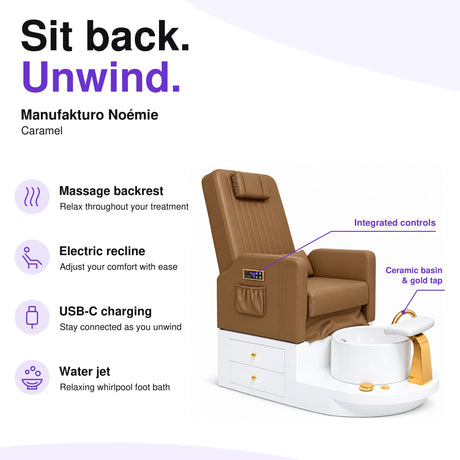 Manufakturo Noémie Caramel electric pedicure chair – massage backrest, electric recline, USB-C charging and water jet; exterior armrest controls and empty ceramic basin