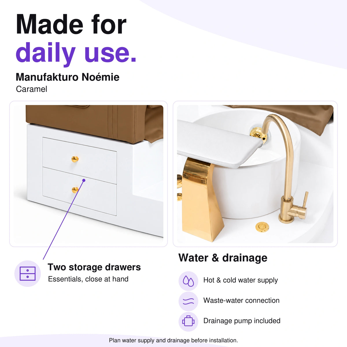Manufakturo Noémie Caramel electric pedicure chair – two storage drawers, gold tap and empty basin; hot and cold water supply, waste-water connection and included drainage pump