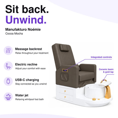 Manufakturo Noémie Cocoa Mocha electric pedicure chair – massage backrest, electric recline, USB-C charging and water jet; exterior armrest controls and empty ceramic basin