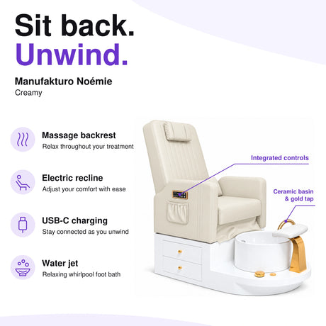 Manufakturo Noémie Creamy electric pedicure chair – massage backrest, electric recline, USB-C charging and water jet; exterior armrest controls and empty ceramic basin