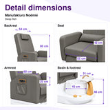 Manufakturo Noémie Deep Ash electric pedicure chair – backrest, seat, armrest, basin and smooth footrest measurements, with correct exterior control placement