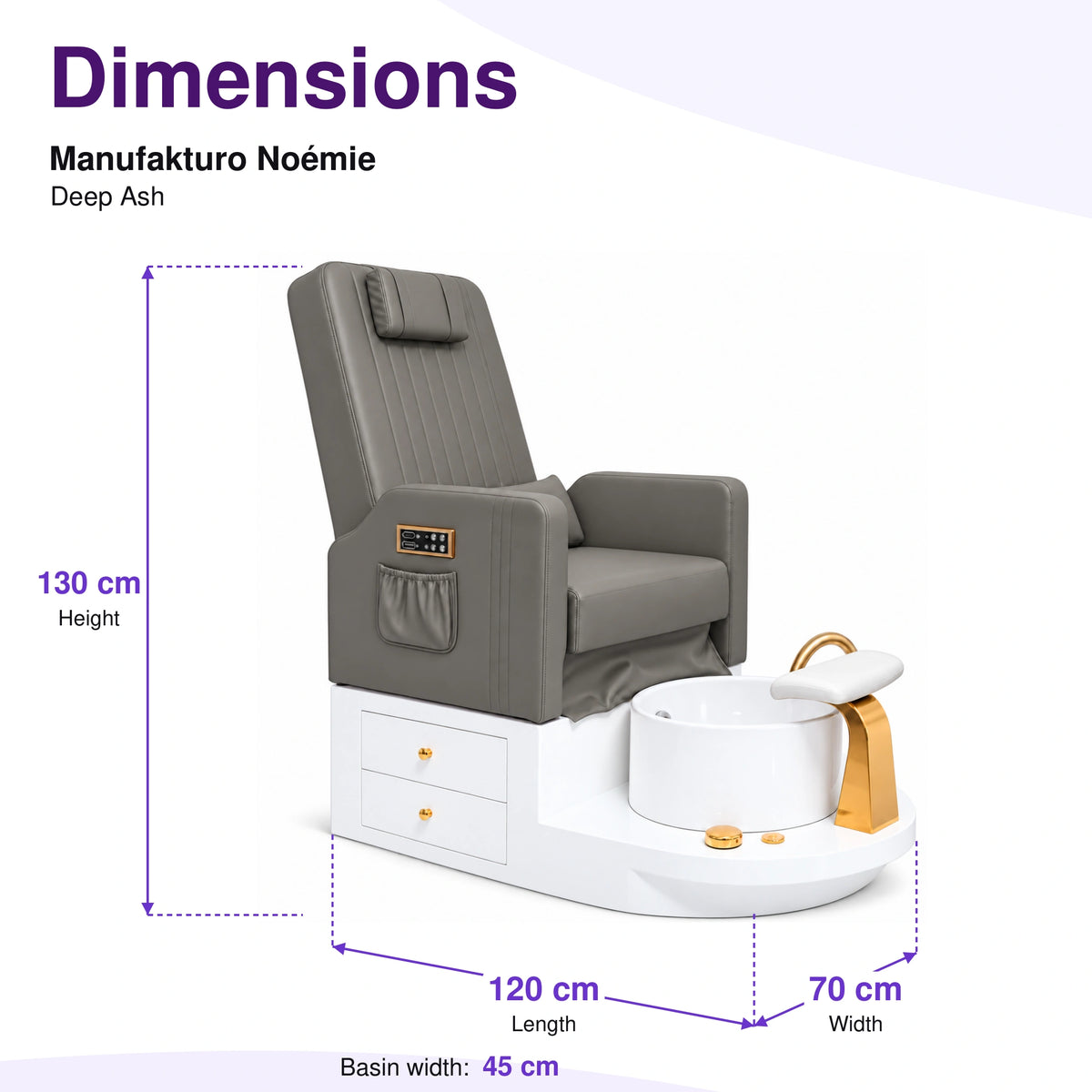 Manufakturo Noémie Deep Ash electric pedicure chair – overall dimensions: 120 cm length, 70 cm width and 130 cm height; 45 cm basin width