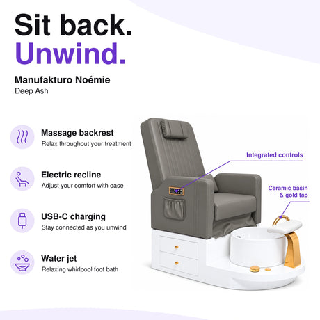 Manufakturo Noémie Deep Ash electric pedicure chair – massage backrest, electric recline, USB-C charging and water jet; exterior armrest controls and empty ceramic basin
