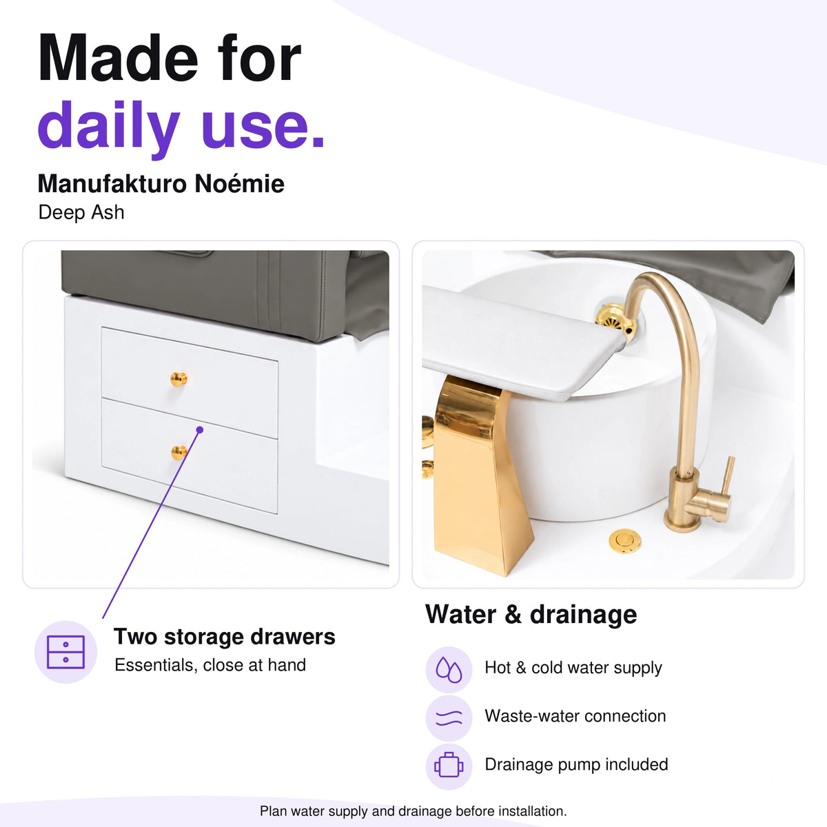 Manufakturo Noémie Deep Ash electric pedicure chair – two storage drawers, gold tap and empty basin; hot and cold water supply, waste-water connection and included drainage pump