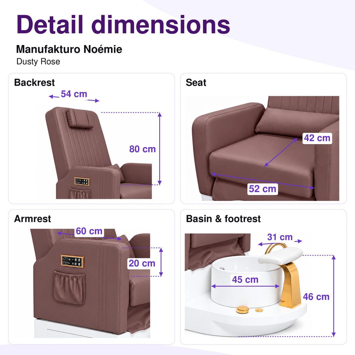 Manufakturo Noémie Dusty Rose electric pedicure chair – backrest, seat, armrest, basin and smooth footrest measurements, with correct exterior control placement