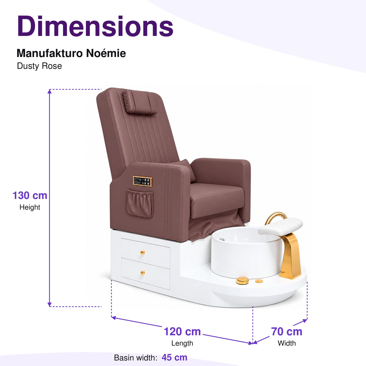 Manufakturo Noémie Dusty Rose electric pedicure chair – overall dimensions: 120 cm length, 70 cm width and 130 cm height; 45 cm basin width