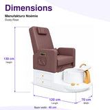 Manufakturo Noémie Dusty Rose electric pedicure chair – overall dimensions: 120 cm length, 70 cm width and 130 cm height; 45 cm basin width