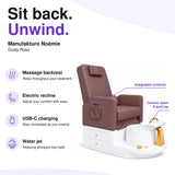 Manufakturo Noémie Dusty Rose electric pedicure chair – massage backrest, electric recline, USB-C charging and water jet; exterior armrest controls and empty ceramic basin