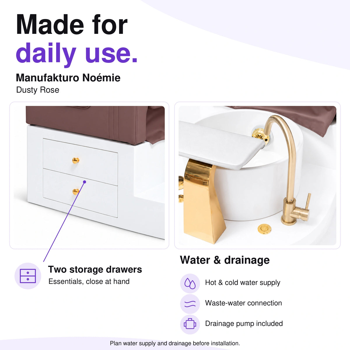 Manufakturo Noémie Dusty Rose electric pedicure chair – two storage drawers, gold tap and empty basin; hot and cold water supply, waste-water connection and included drainage pump