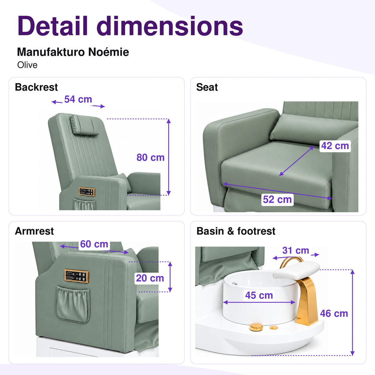 Manufakturo Noémie Olive electric pedicure chair – backrest, seat, armrest, basin and smooth footrest measurements, with correct exterior control placement