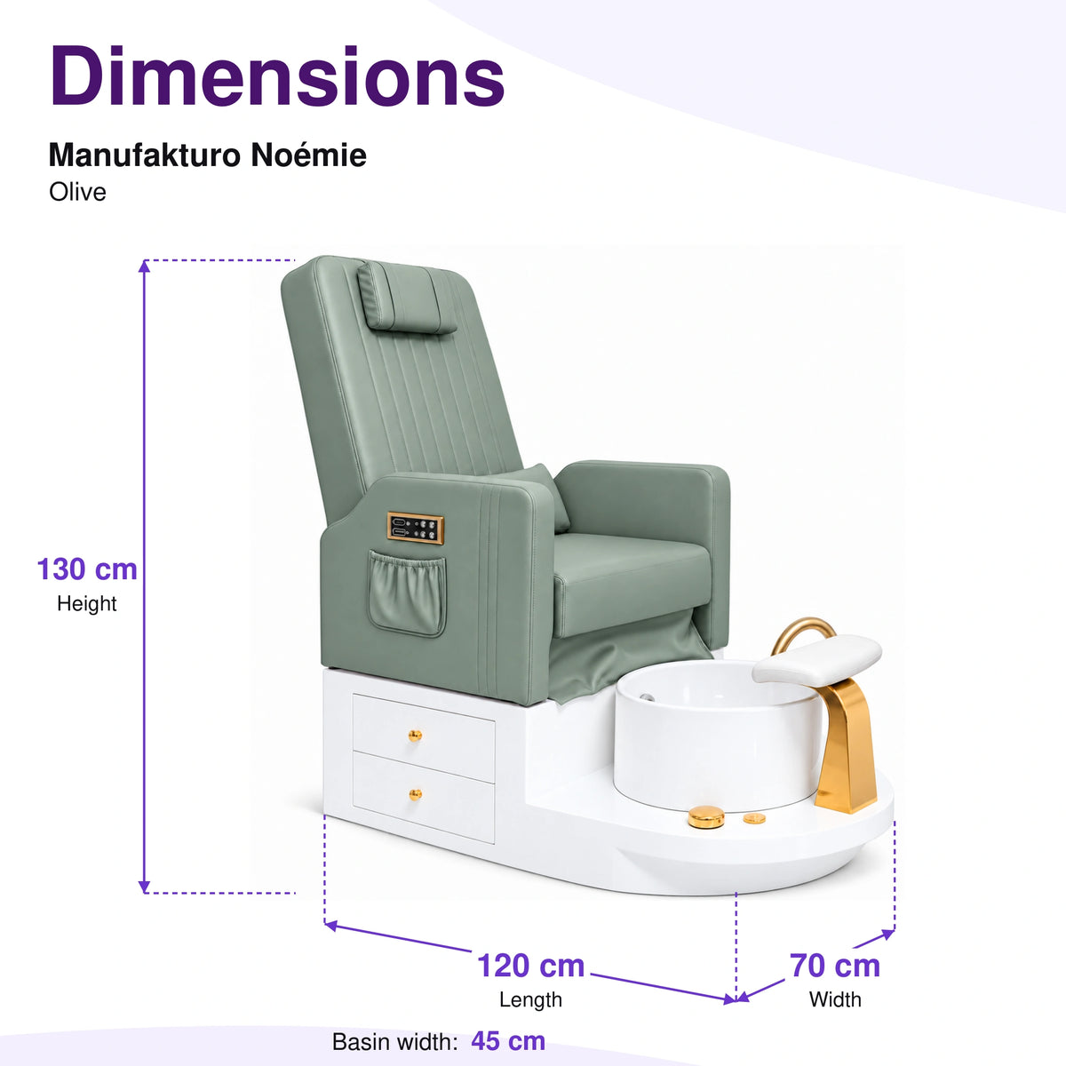 Manufakturo Noémie Olive electric pedicure chair – overall dimensions: 120 cm length, 70 cm width and 130 cm height; 45 cm basin width