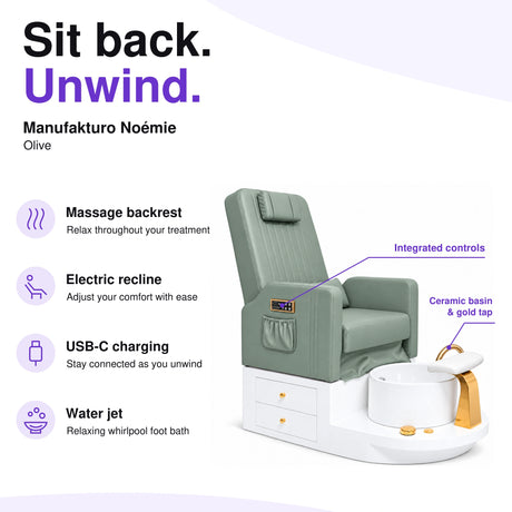 Manufakturo Noémie Olive electric pedicure chair – massage backrest, electric recline, USB-C charging and water jet; exterior armrest controls and empty ceramic basin