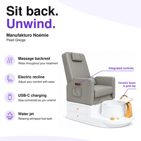 Manufakturo Noémie Pearl Greige electric pedicure chair – massage backrest, electric recline, USB-C charging and water jet; exterior armrest controls and empty ceramic basin