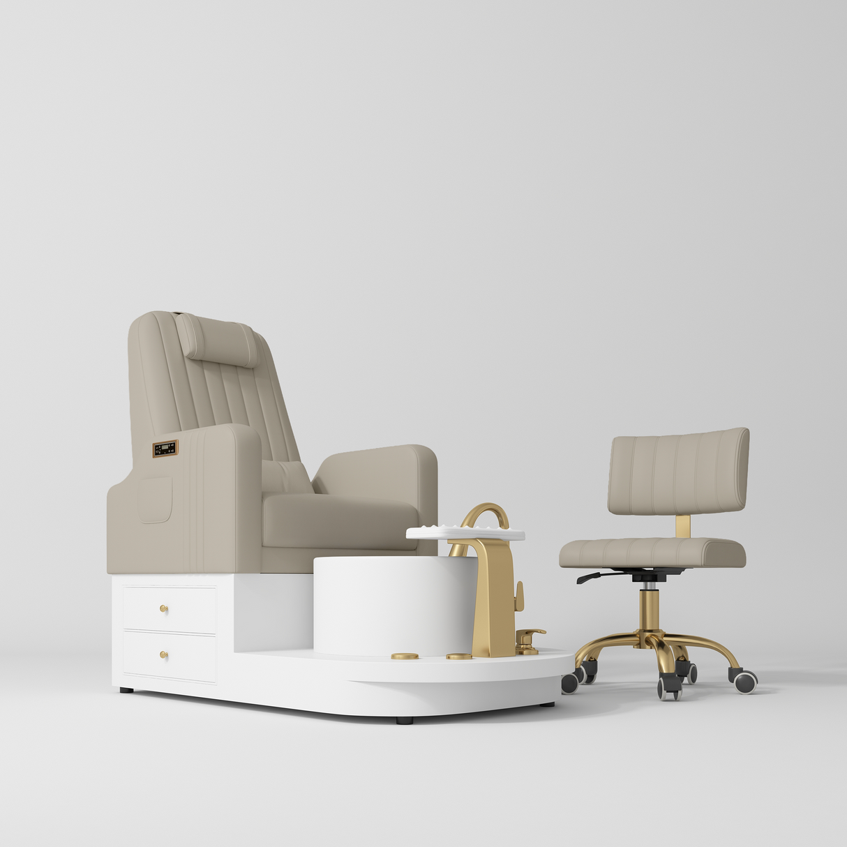 Manufakturo Noémie Luxury Electric Pedicure Chair with Matching Stool – Massage Backrest, Gold Tap, Stone Taupe