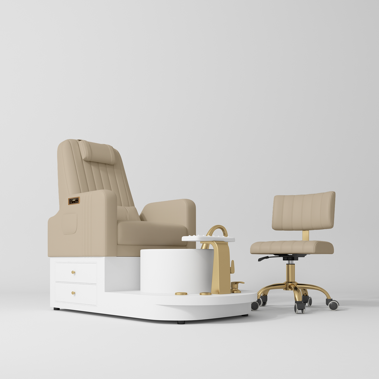 Manufakturo Noémie Luxury Electric Pedicure Chair with Matching Stool – Massage Backrest, Gold Tap, Warm Beige