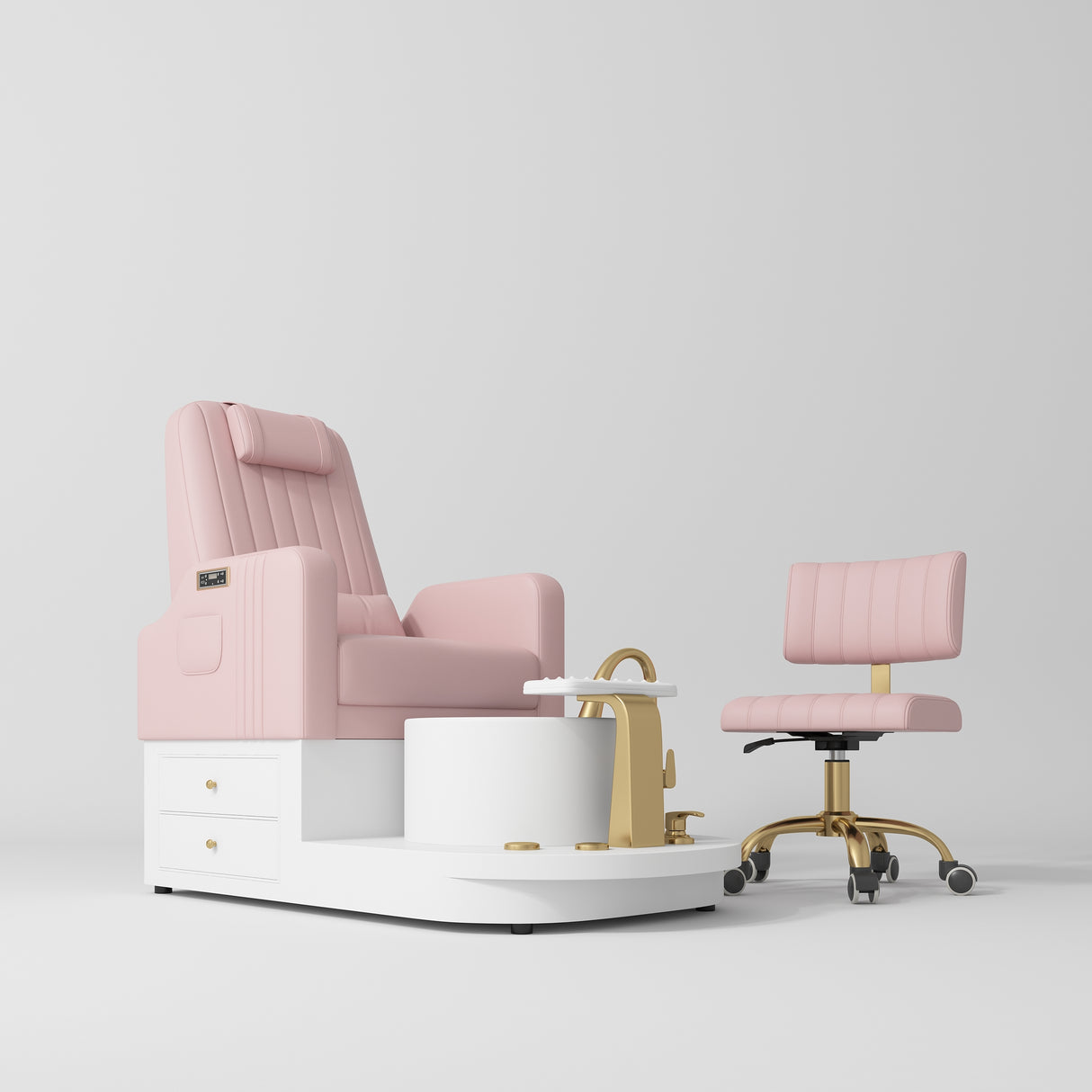 Manufakturo Noémie Luxury Electric Pedicure Chair with Matching Stool – Massage Backrest, Gold Tap, Bare Blush