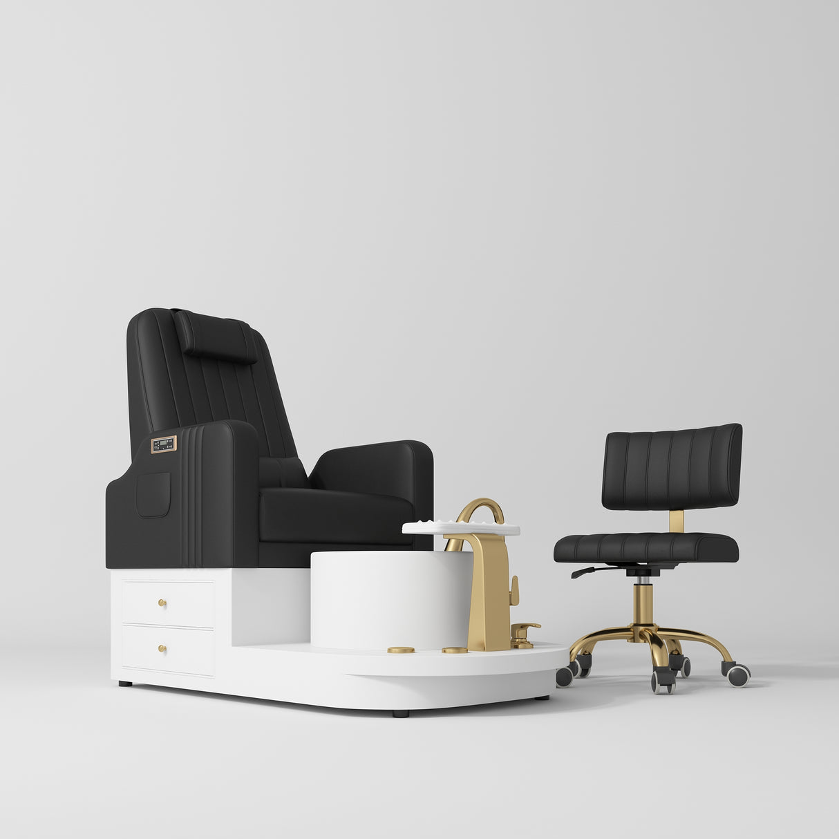 Manufakturo Noémie Luxury Electric Pedicure Chair with Matching Stool – Massage Backrest, Gold Tap, Black