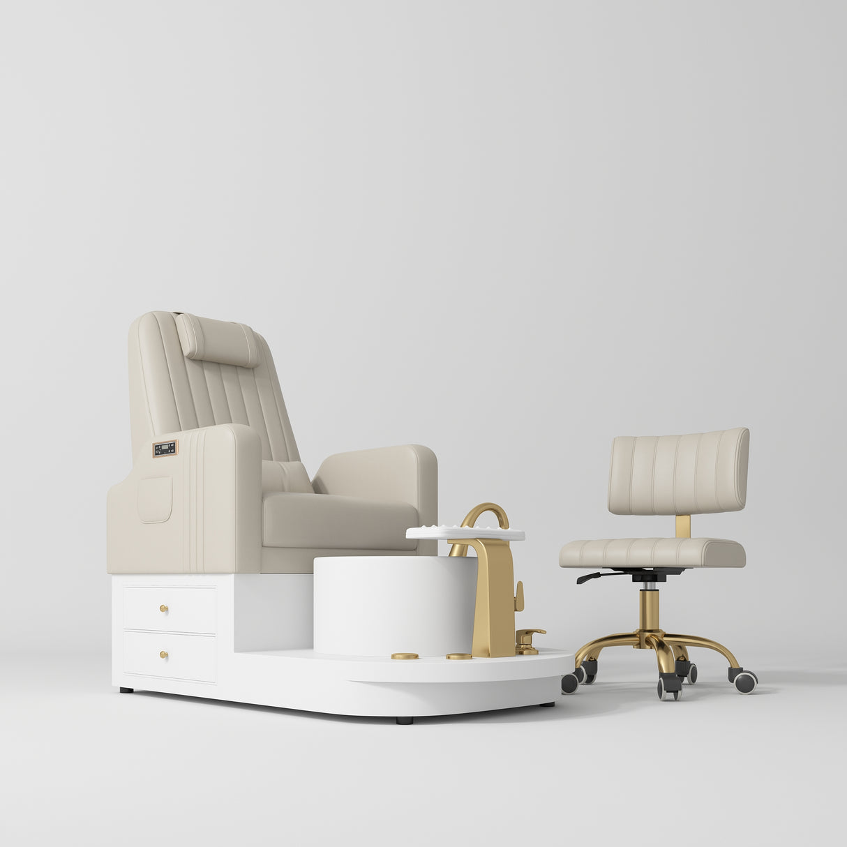 Manufakturo Noémie Luxury Electric Pedicure Chair with Matching Stool – Massage Backrest, Gold Tap, Cappuccino