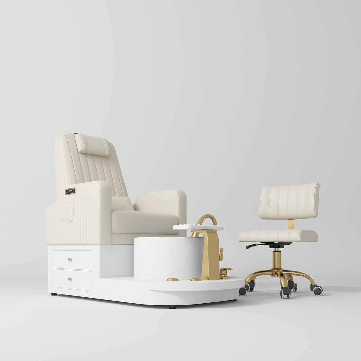Manufakturo Noémie Luxury Electric Pedicure Chair with Matching Stool – Massage Backrest, Gold Tap, Creamy