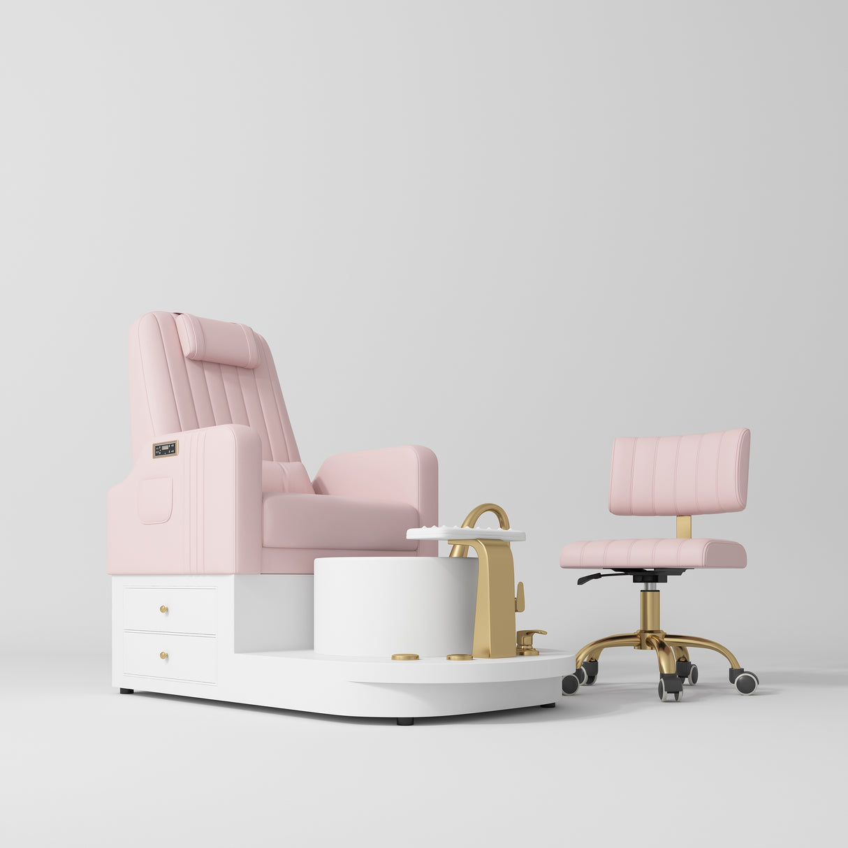 Manufakturo Noémie Luxury Electric Pedicure Chair with Matching Stool – Massage Backrest, Gold Tap, Light Pink