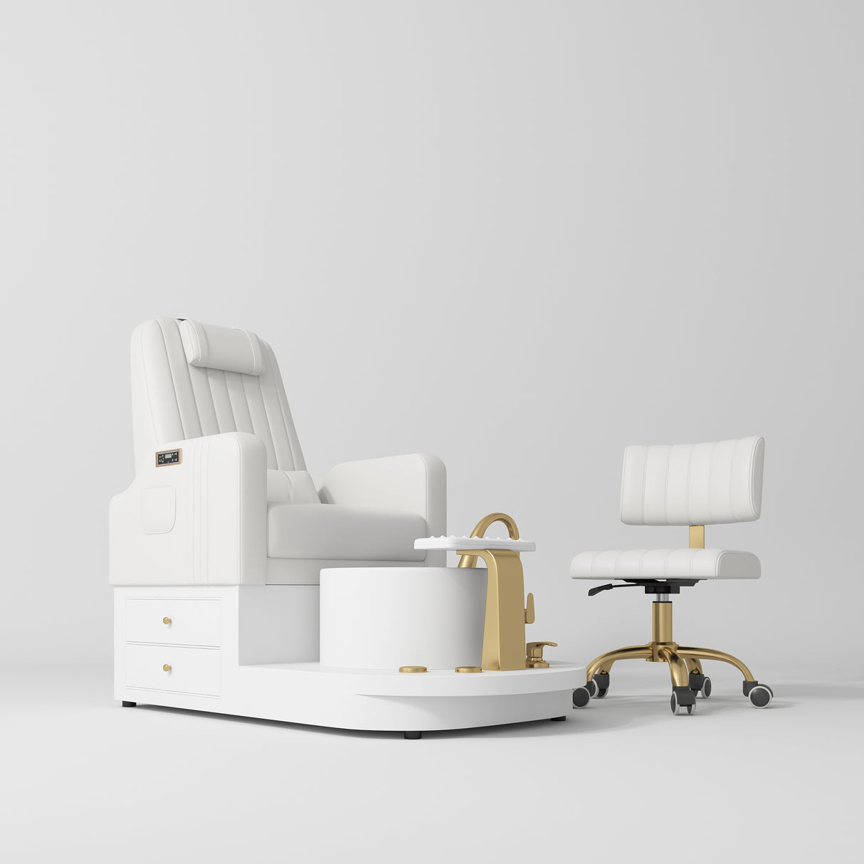 Manufakturo Noémie Luxury Electric Pedicure Chair with Matching Stool – Massage Backrest, Gold Tap, White