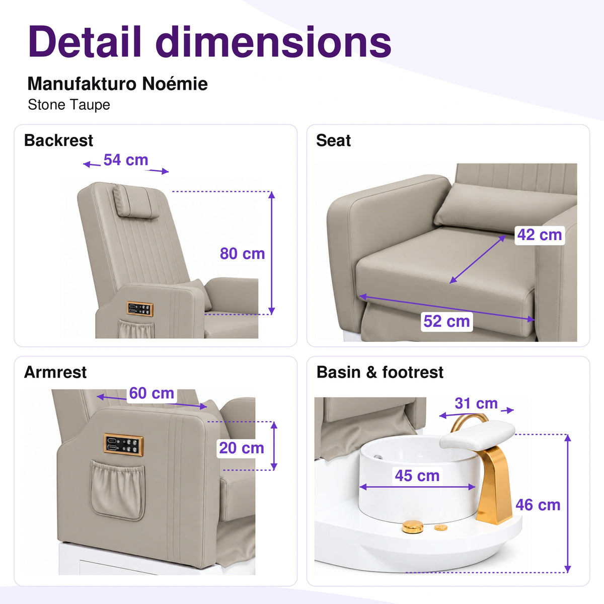 Manufakturo Noémie Stone Taupe electric pedicure chair – backrest, seat, armrest, basin and smooth footrest measurements, with correct exterior control placement