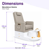 Manufakturo Noémie Stone Taupe electric pedicure chair – overall dimensions: 120 cm length, 70 cm width and 130 cm height; 45 cm basin width