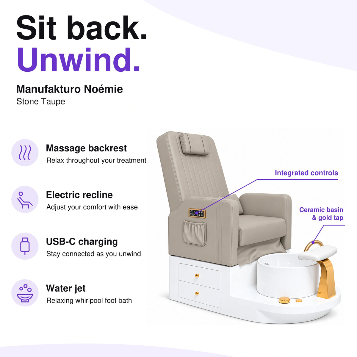 Manufakturo Noémie Stone Taupe electric pedicure chair – massage backrest, electric recline, USB-C charging and water jet; exterior armrest controls and empty ceramic basin