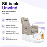 Manufakturo Noémie Stone Taupe electric pedicure chair – massage backrest, electric recline, USB-C charging and water jet; exterior armrest controls and empty ceramic basin