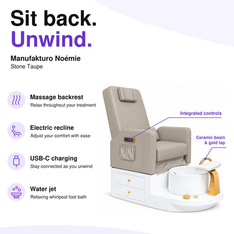 Manufakturo Noémie Stone Taupe electric pedicure chair – massage backrest, electric recline, USB-C charging and water jet; exterior armrest controls and empty ceramic basin