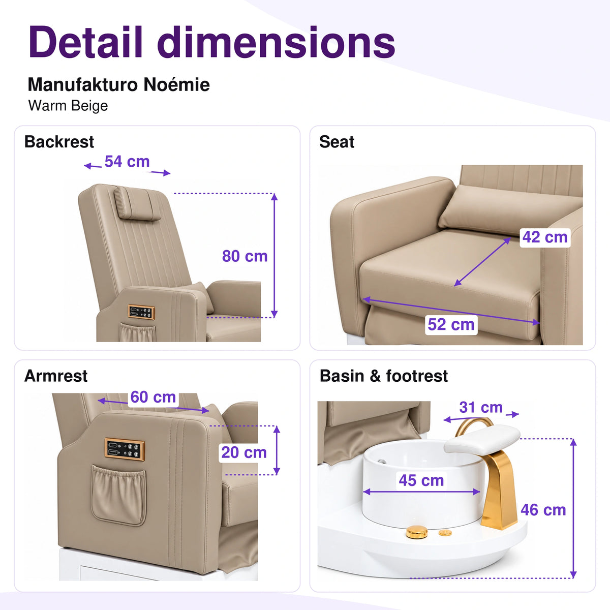 Manufakturo Noémie Warm Beige electric pedicure chair – backrest, seat, armrest, basin and smooth footrest measurements, with correct exterior control placement