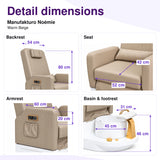 Manufakturo Noémie Warm Beige electric pedicure chair – backrest, seat, armrest, basin and smooth footrest measurements, with correct exterior control placement