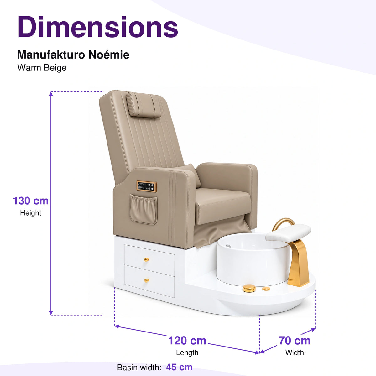 Manufakturo Noémie Warm Beige electric pedicure chair – overall dimensions: 120 cm length, 70 cm width and 130 cm height; 45 cm basin width