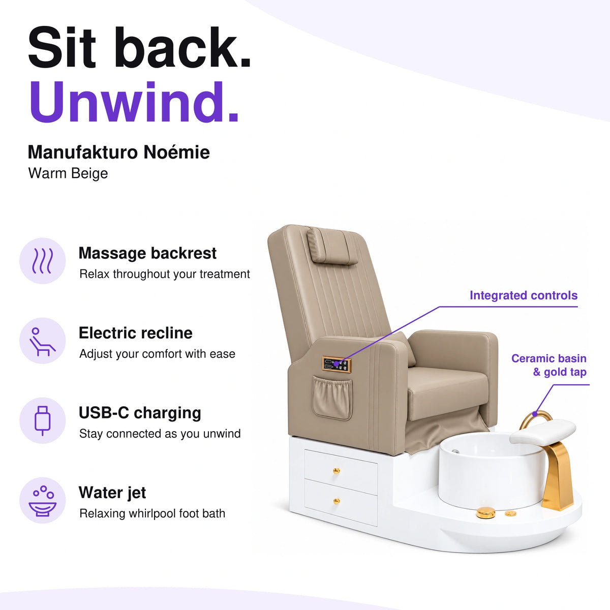 Manufakturo Noémie Warm Beige electric pedicure chair – massage backrest, electric recline, USB-C charging and water jet; exterior armrest controls and empty ceramic basin