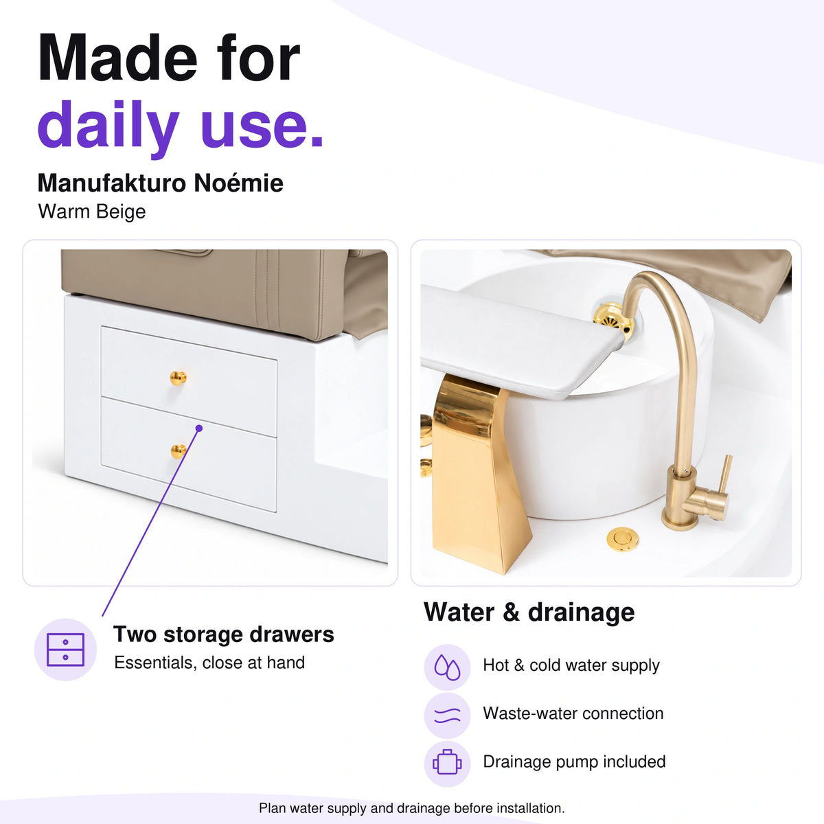 Manufakturo Noémie Warm Beige electric pedicure chair – two storage drawers, gold tap and empty basin; hot and cold water supply, waste-water connection and included drainage pump