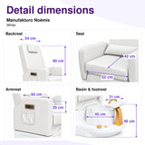Manufakturo Noémie White electric pedicure chair – backrest, seat, armrest, basin and smooth footrest measurements, with correct exterior control placement