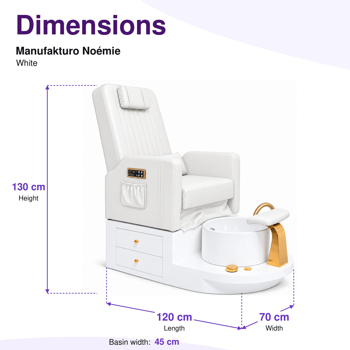 Manufakturo Noémie White electric pedicure chair – overall dimensions: 120 cm length, 70 cm width and 130 cm height; 45 cm basin width
