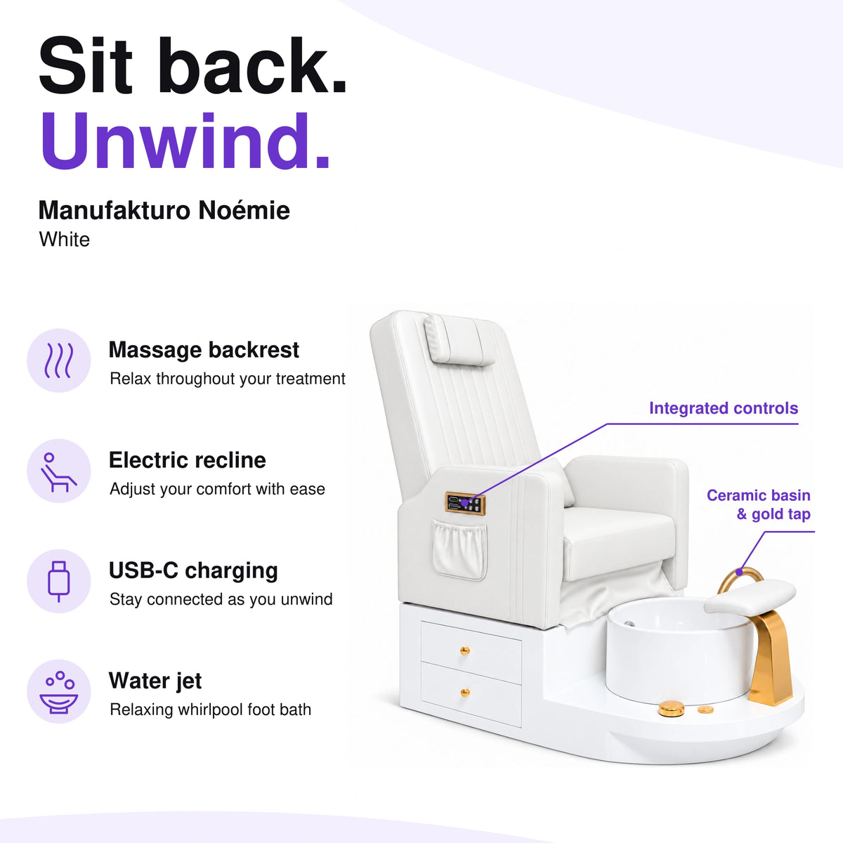Manufakturo Noémie White electric pedicure chair – massage backrest, electric recline, USB-C charging and water jet; exterior armrest controls and empty ceramic basin