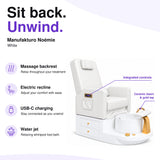 Manufakturo Noémie White electric pedicure chair – massage backrest, electric recline, USB-C charging and water jet; exterior armrest controls and empty ceramic basin