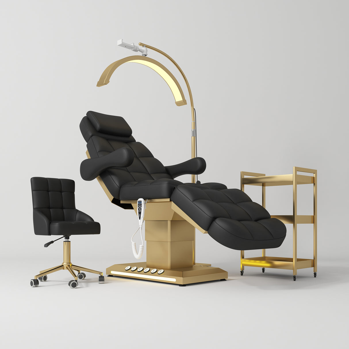Manufakturo Orielle B Black – 4-Piece Beauty Studio Set: Luxury Bed, Chair, Moonlight & Trolley