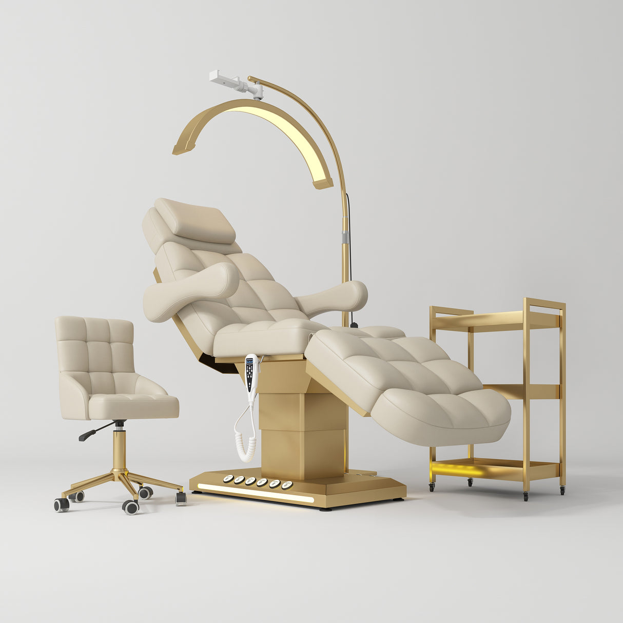 Manufakturo Orielle B Light Brown – 4-Piece Beauty Studio Set: Luxury Bed, Chair, Moonlight & Trolley