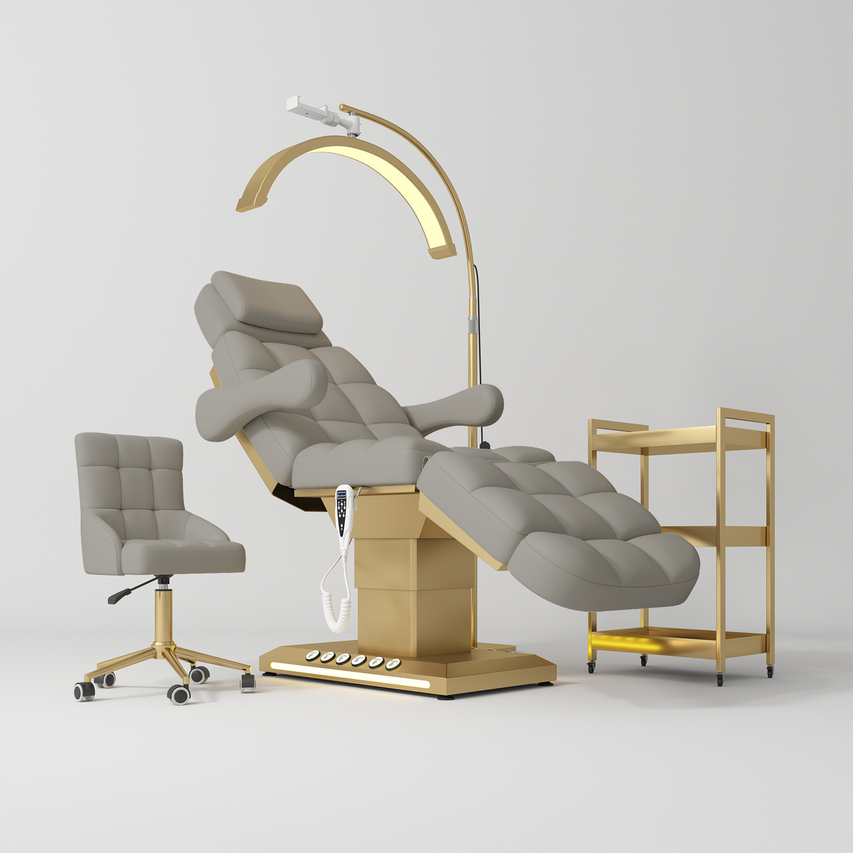 Manufakturo Orielle B Pearl Greige – 4-Piece Beauty Studio Set: Luxury Bed, Chair, Moonlight & Trolley